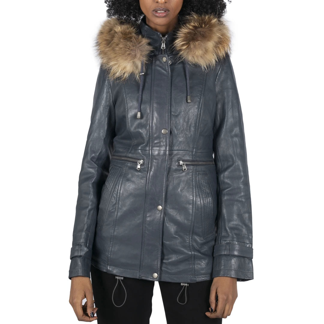 Women's Leather Parka Coat 3/4 Removable Hood Fur Button Cover Zipped