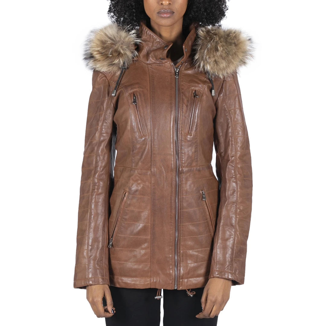 Women's Leather Parka Jacket 3/4 Fur Hood Zipped Brown Tan Grey