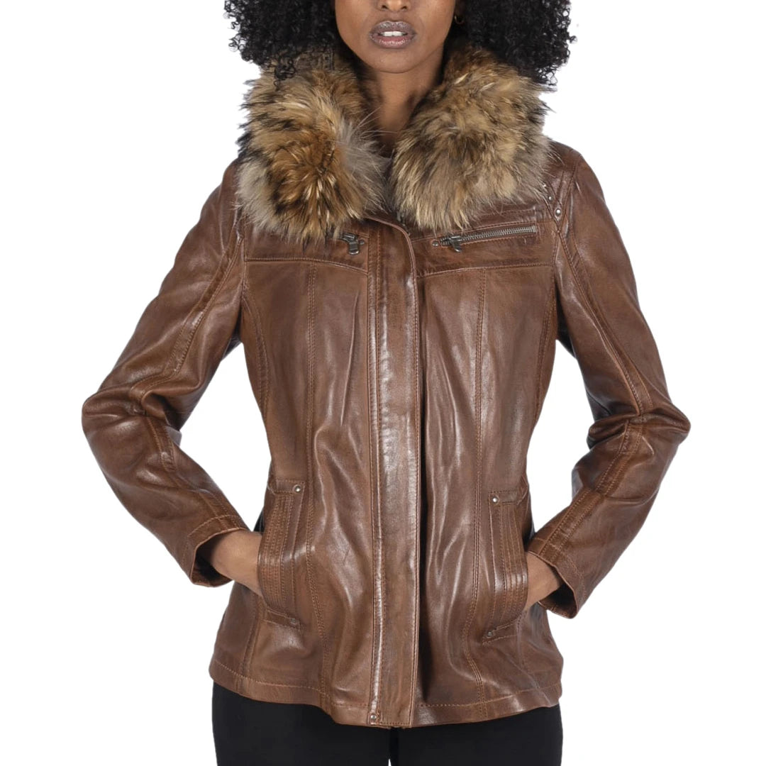 Women's Leather Short Parka Jacket Coat Fur Hood Zipped Brown Tan Black