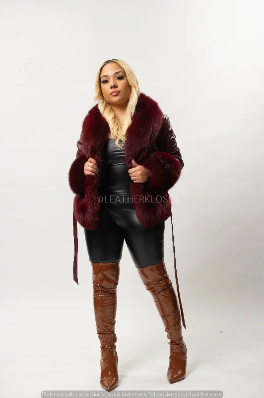 Women's Tina Leather Jacket With Full Fox Trimming [Wine]