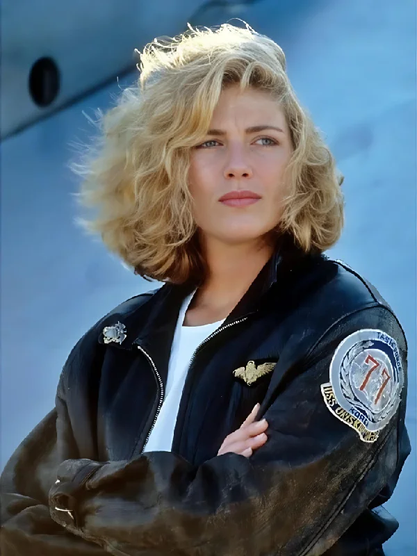 Womens TOP Aviator Pilot Flight Patches Kelly McGillis Leather Bomber Jacket