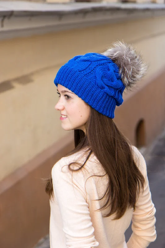 Cable Knit Hat With Real Fur Bobble