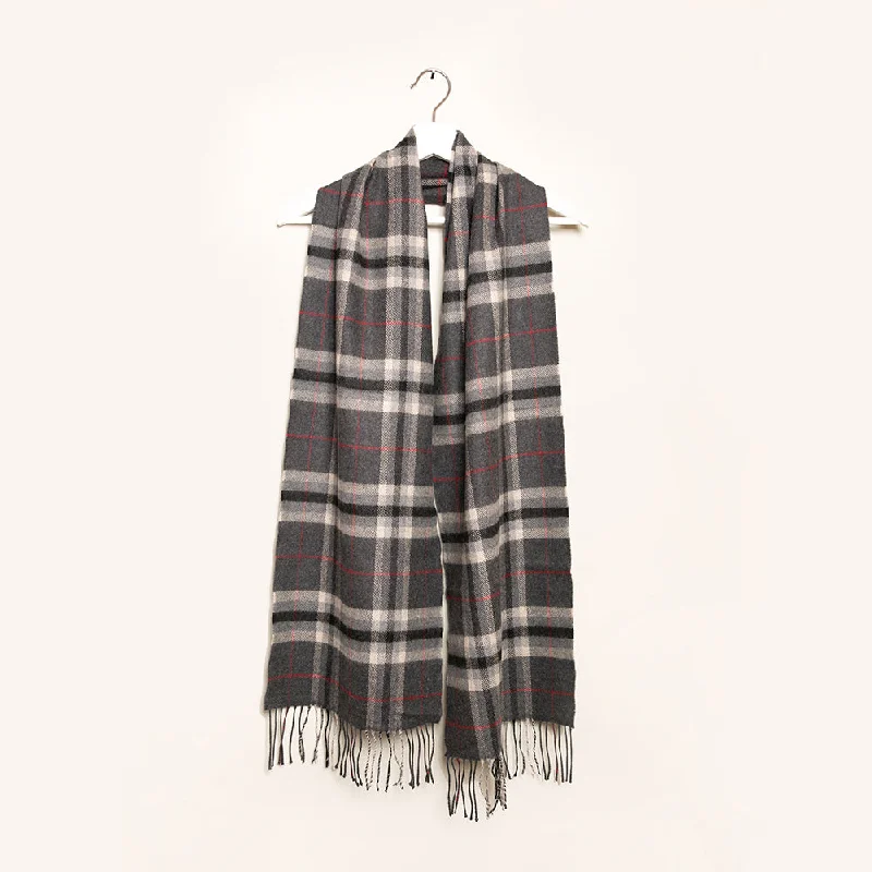 Charcoal and Red Check Merino Wool Scarf