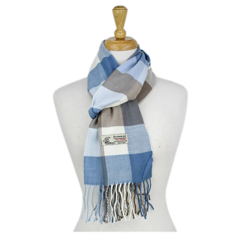 Checkers Cashmere Feel Scarf 12-pack Blue/white/tan CM40-2