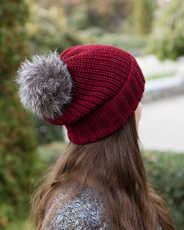 Fur Pom Pom Knit Slouchy Beanie