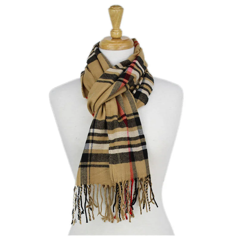 Plaid Cashmere Feel Scarf 12-pack Camel CM43-1