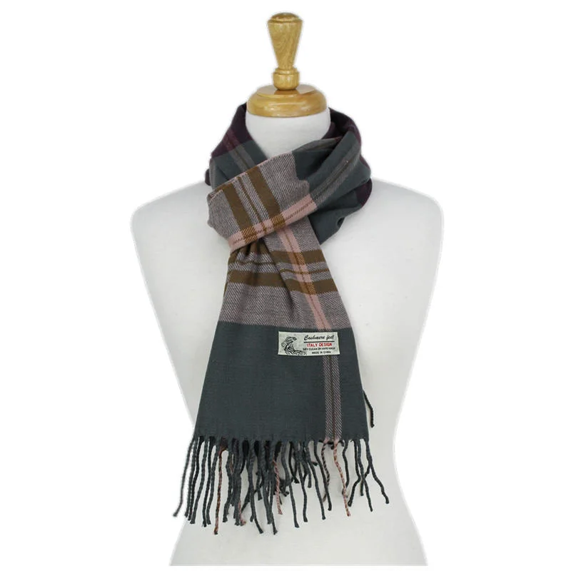 Plaid Cashmere Feel Scarf 12-pack Grey/pink CM46-2