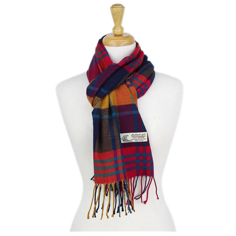 Plaid Cashmere Feel Scarf 12-pack Multi Navy/orange/coral CM39-1