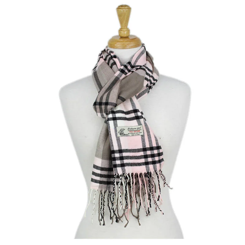 Plaid Cashmere Feel Scarf 12-pack Multi Taupe/white/pink CM39-5