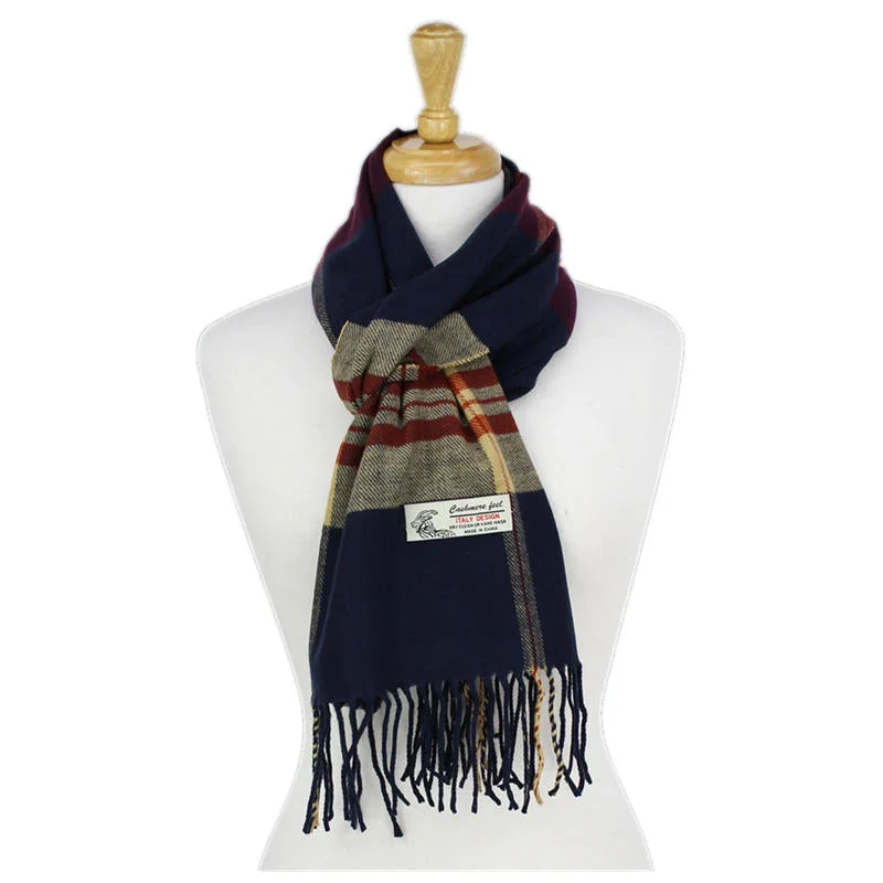 Plaid Cashmere Feel Scarf 12-pack Navy/camel CM46-1