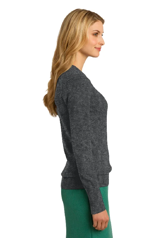 Port Authority Womens Long Sleeve V-Neck Sweater - Heather Charcoal Grey