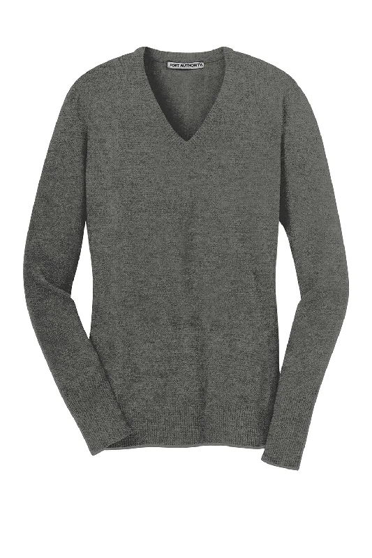 Port Authority Womens Long Sleeve V-Neck Sweater - Heather Charcoal Grey